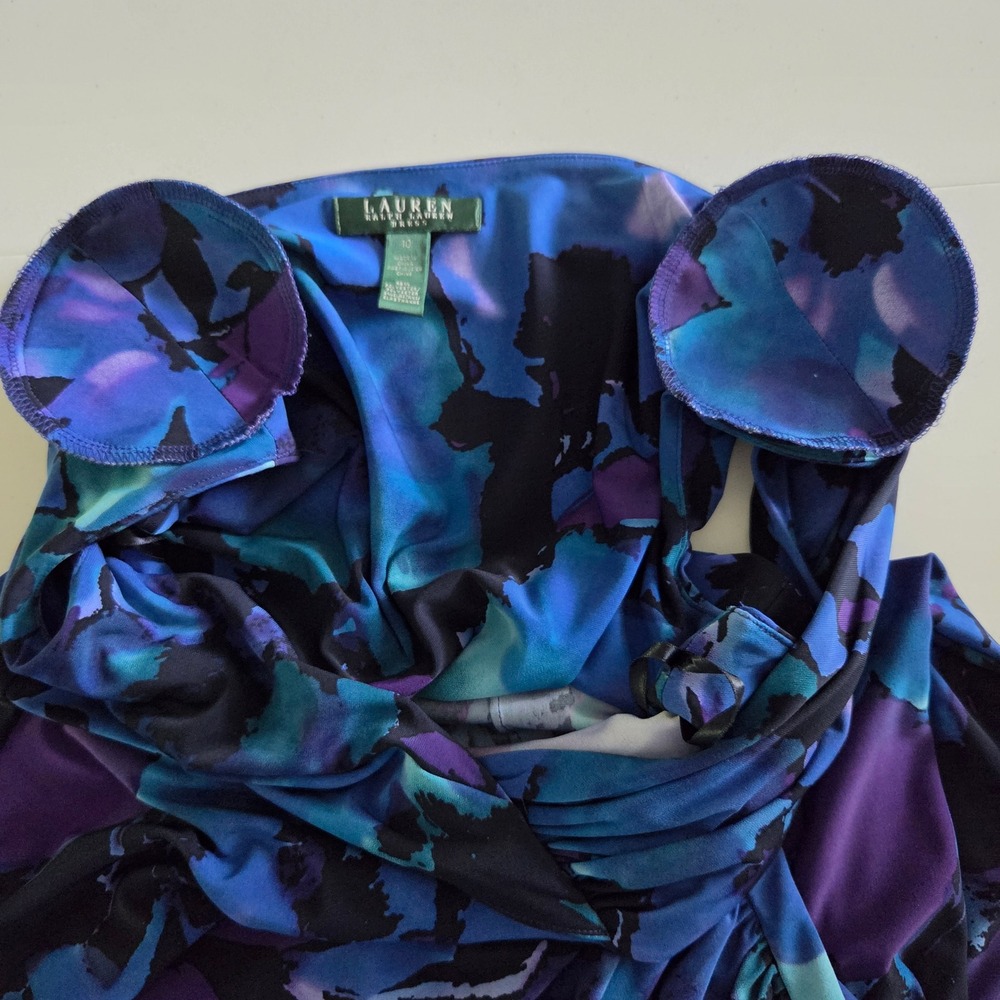 Lauren Ralph Lauren Blue Purple Abstract Floral Ruched Sheath Dress Size 10 - Picture 4 of 11